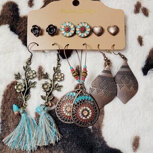Bronze Western Floral Fringe Hook and Stud Earring Fashion Jewelry Bundle